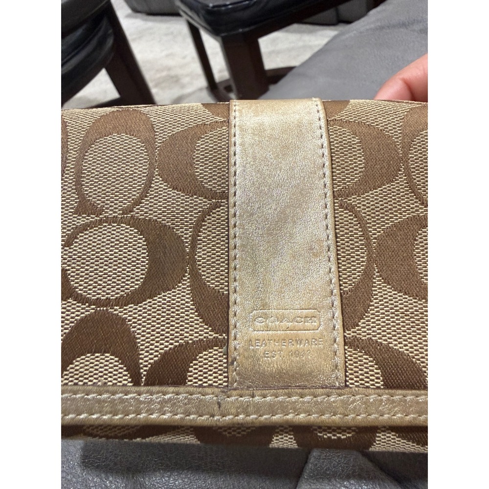 Coach Signature C Monogram Canvas Long Tri-Fold Wallet Metallic Gold Leather - Picture 9 of 13